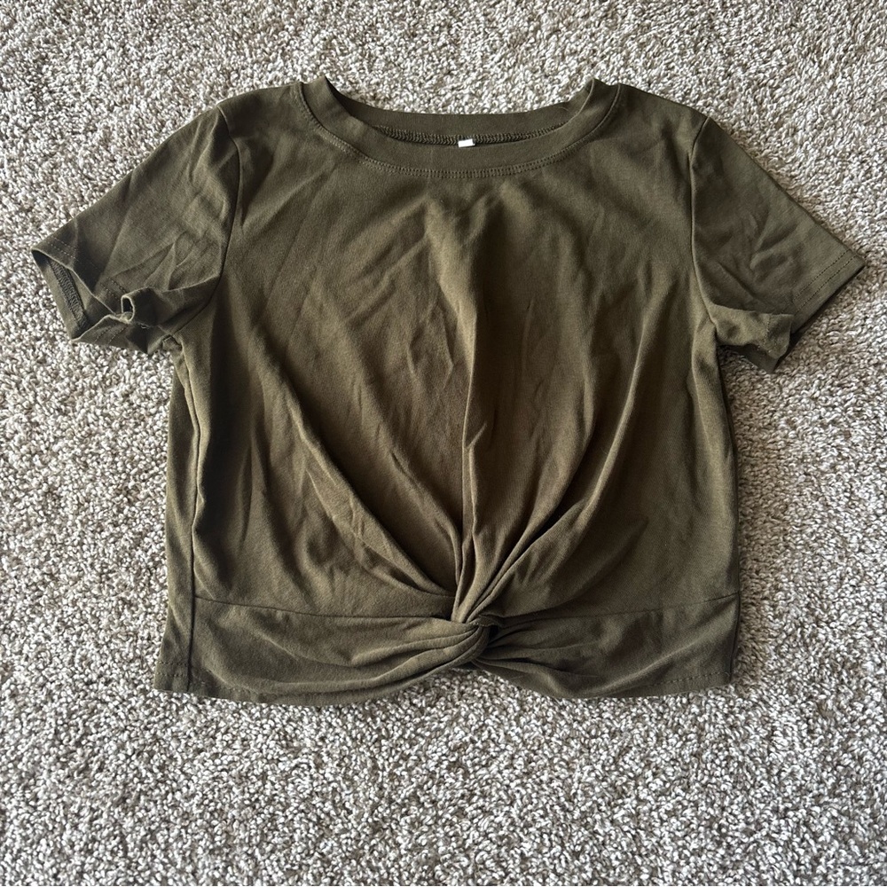 Olive Green Twist Front Short Sleeve Top